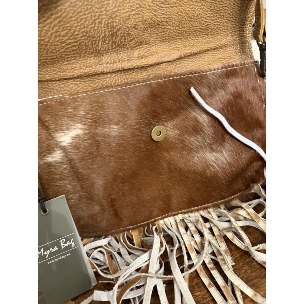 Myra Leather Cowhide Crossbody Bag with Fringe Boho Western Style - Picture 4 of 5